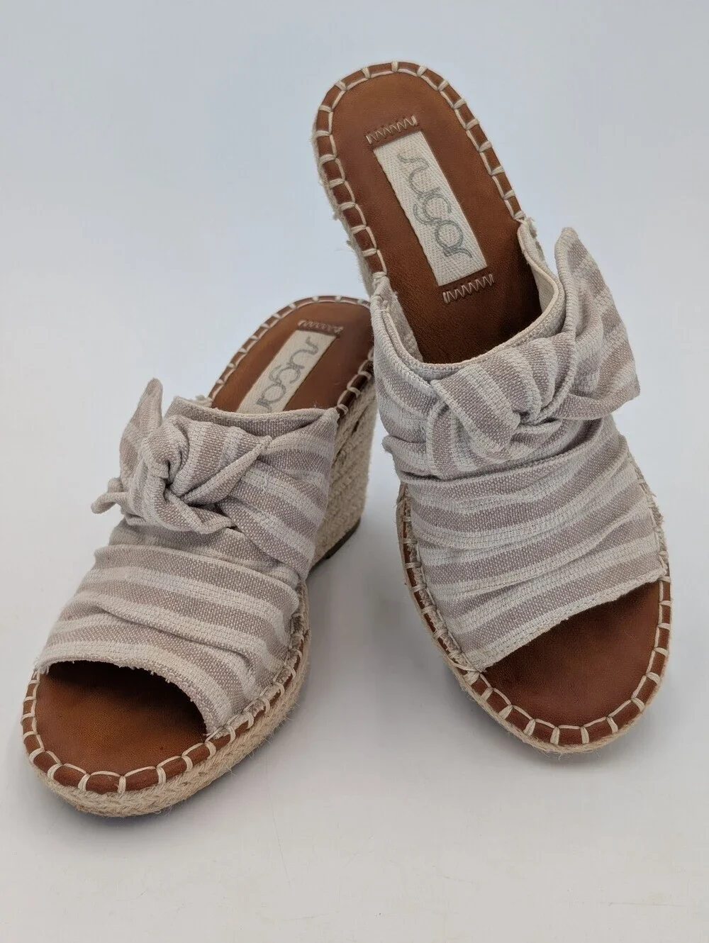Sugar Hundreds Sz 10M Cream/Tan Canvas Knotted Bow Espadrille Wedge Mule